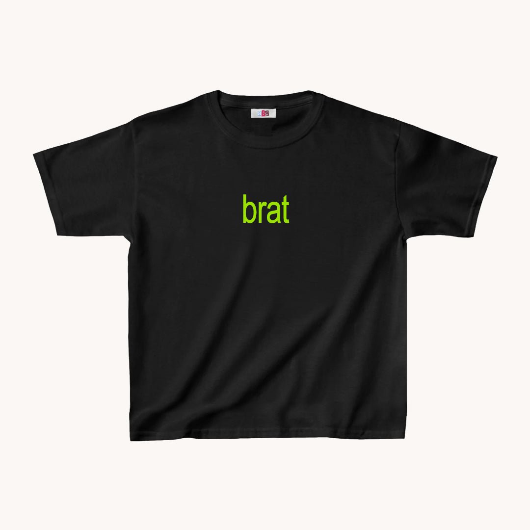 Brat Cropped Baby Tee Green on Black - abc tee - Cute Womens Baby Tee - Y2K Crop Top - Summer Baby Tee - Ironic Slogan Tee - Summer Style 2024