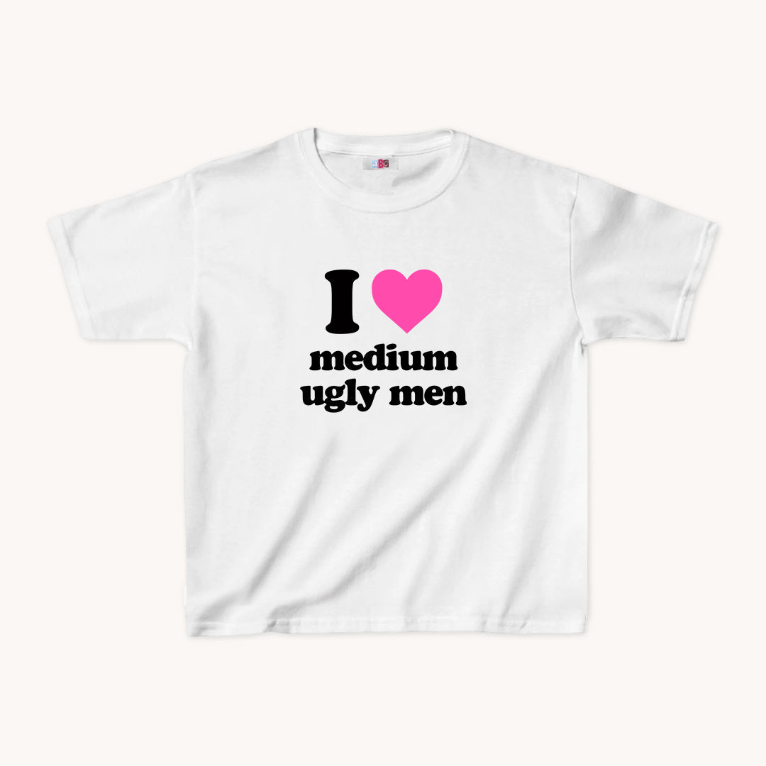 I Love Medium Ugly Men Cropped Baby Tee Pink on White - abc tee - Cute Womens Baby Tee - Y2K Crop Top - Summer Baby Tee - Ironic Slogan Tee - Summer Style 2024