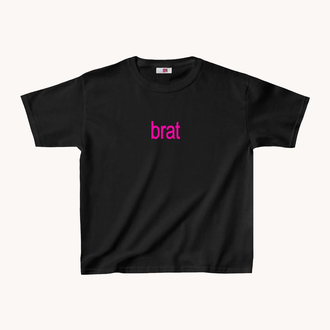 Brat Cropped Baby Tee Pink on Black - abc tee - Cute Womens Baby Tee - Y2K Crop Top - Summer Baby Tee - Ironic Slogan Tee - Summer Style 2024