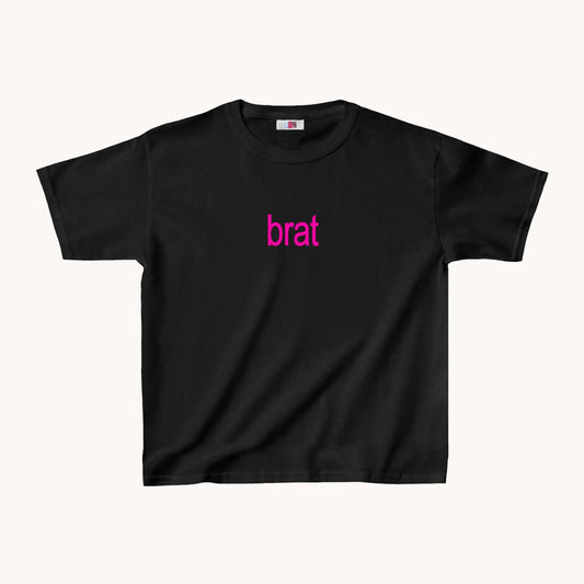 Brat Cropped Baby Tee Pink on Black - abc tee - Cute Womens Baby Tee - Y2K Crop Top - Summer Baby Tee - Ironic Slogan Tee - Summer Style 2024