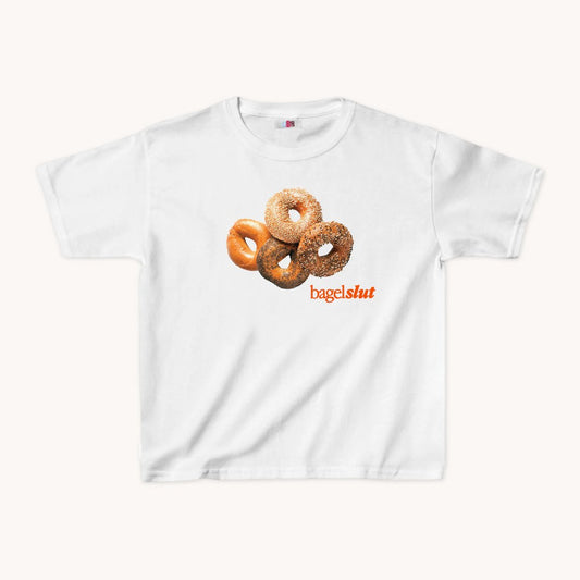 Bagel Slut Cropped Baby Tee White - Orange - abc tee - Cute Womens Baby Tee - Y2K Crop Top - Summer Baby Tee - Ironic Slogan Tee - Summer Style 2024