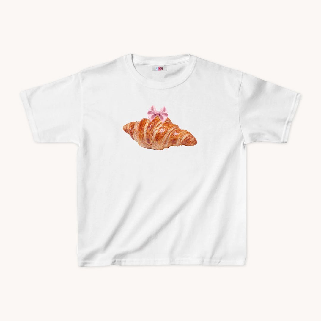 Croissant Cropped Baby Tee White - abc tee - Cute Womens Baby Tee - Y2K Crop Top - Summer Baby Tee - Ironic Slogan Tee - Summer Style 2024