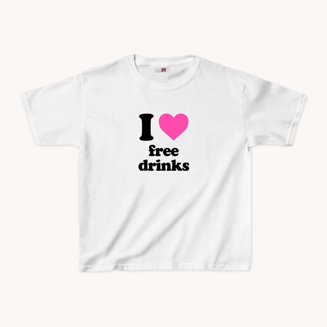 I Love Free Drinks Cropped Baby Tee Pink on White - abc tee - Cute Womens Baby Tee - Y2K Crop Top - Summer Baby Tee - Ironic Slogan Tee - Summer Style 2024