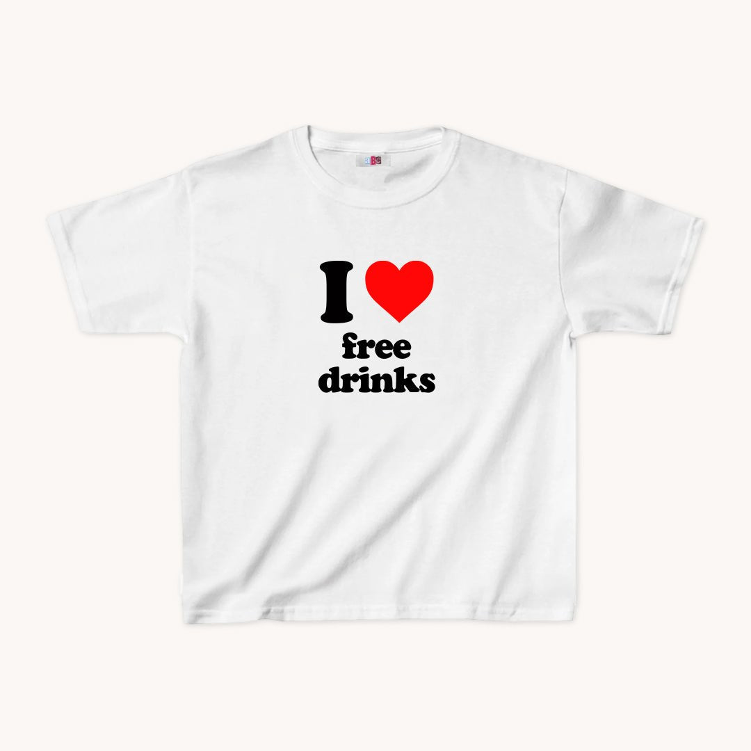 I Love Free Drinks Cropped Baby Tee White - abc tee - Cute Womens Baby Tee - Y2K Crop Top - Summer Baby Tee - Ironic Slogan Tee - Summer Style 2024